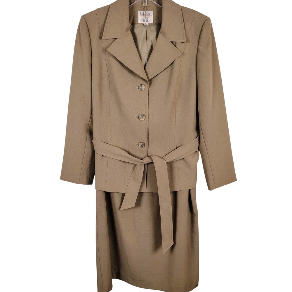 Le Suit Womens SZ 16 Skirt Suit Set Brown Belted Blazer Professional Officecore